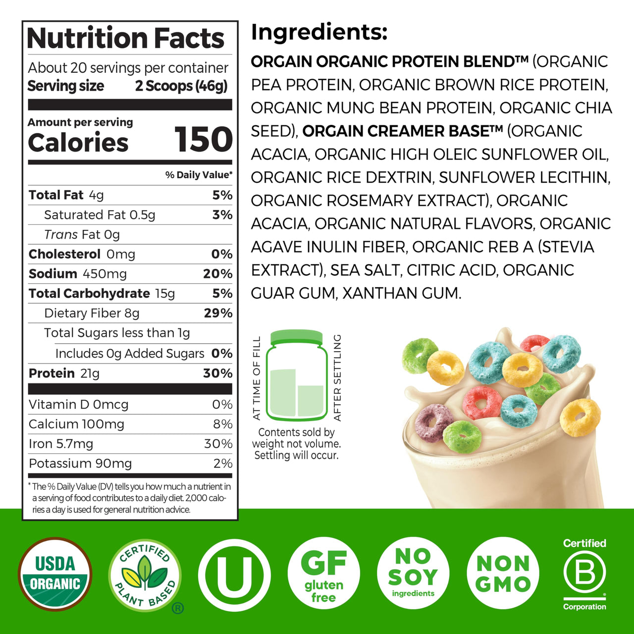 Orgain Organic Vegan Protein Powder, Fruity Cereal - 21g Plant Based Protein, 8g Prebiotic Fiber, Low Net Carb, No Lactose Ingredients, No Added Sugar, Non-GMO, For Shakes & Smoothies, 2.03 lb