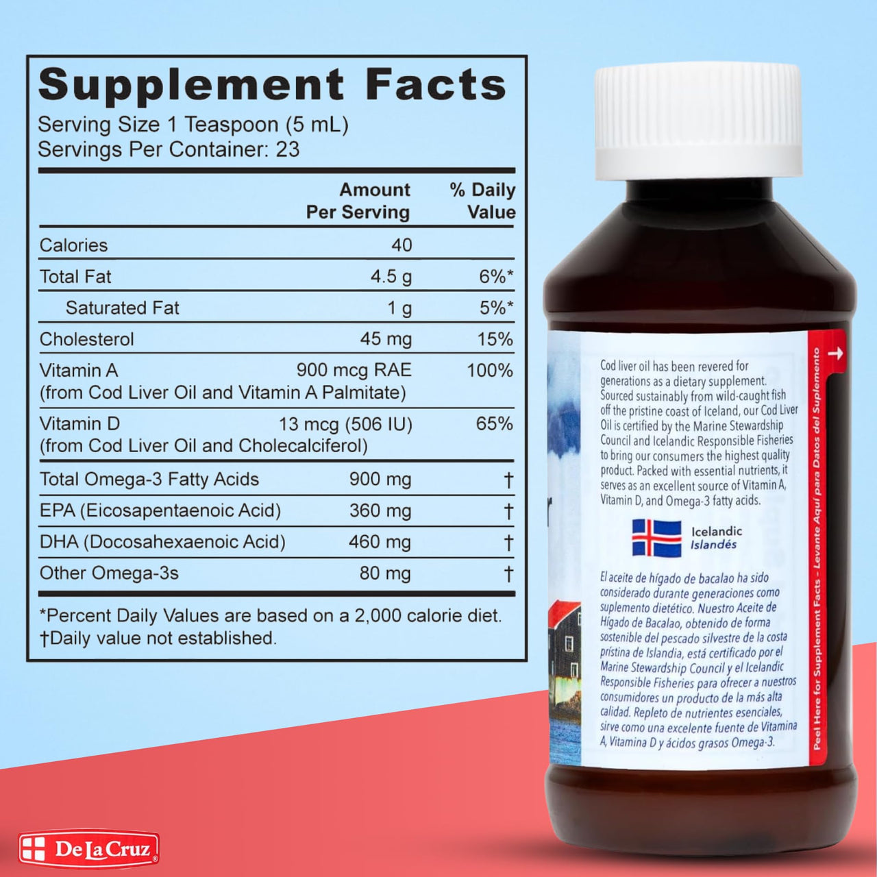 De La Cruz Cod Liver Oil Liquid Pure Wild Caught Icelandic Fish Oil Rich in Vitamin D & Omega 3 Fish Oil, Omega 3 Supplements 4 FL OZ (118 mL)