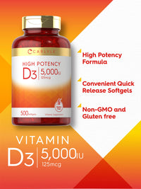 Thumbnail for Carlyle Vitamin D3 5000 IU Softgels | 500 Count | Value Size | Non-GMO and Gluten Free Supplement | High Potency Formula | 125mcg