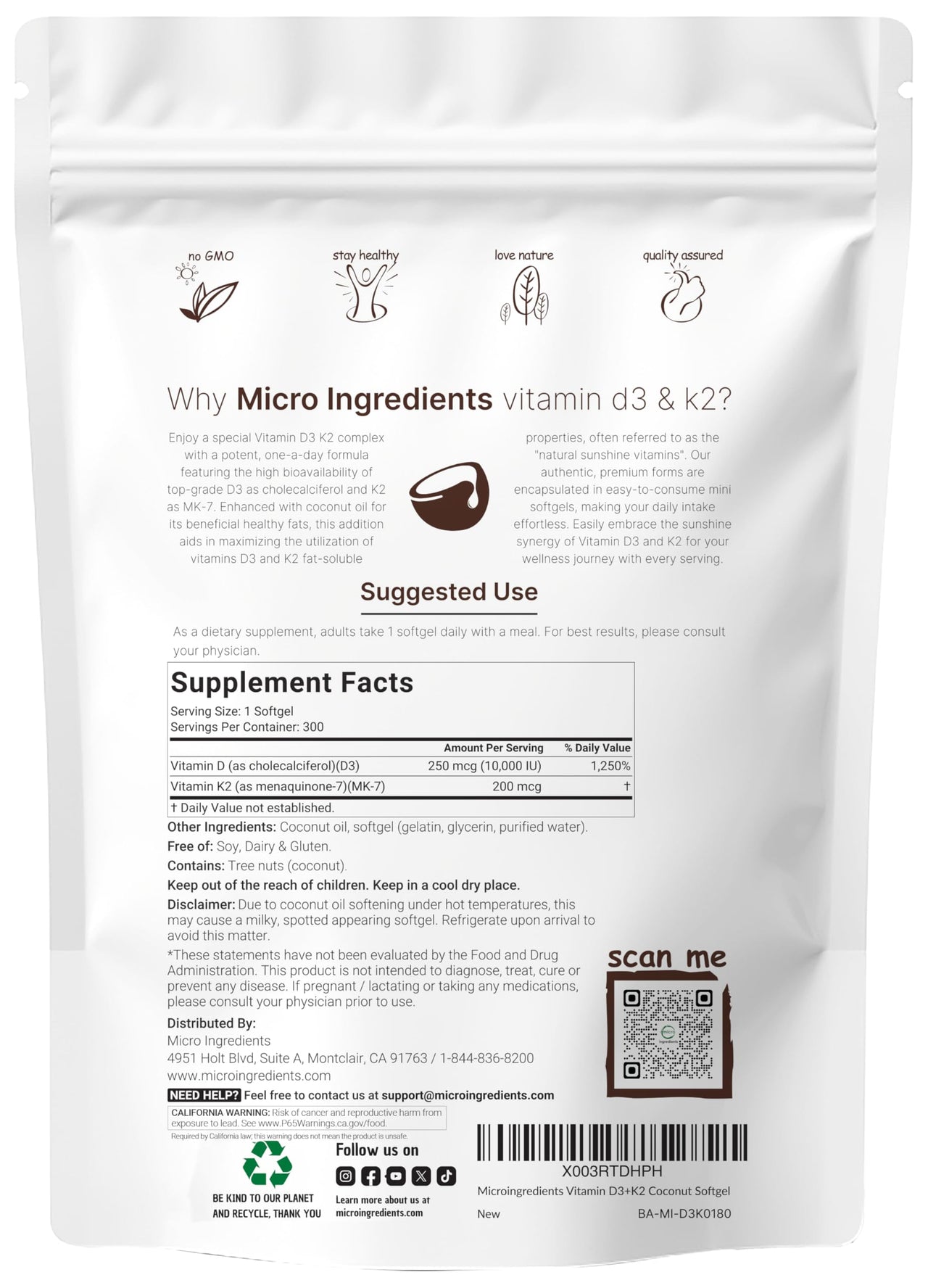 Micro Ingredients Vitamin D3 10,000 IU + K2 MK-7 200 mcg, 300 Softgels with Virgin Coconut Oil | 2-in-1 Vitamins D & K Complex | Extra Strength, Easy to Swallow, Non-GMO, Gluten Free