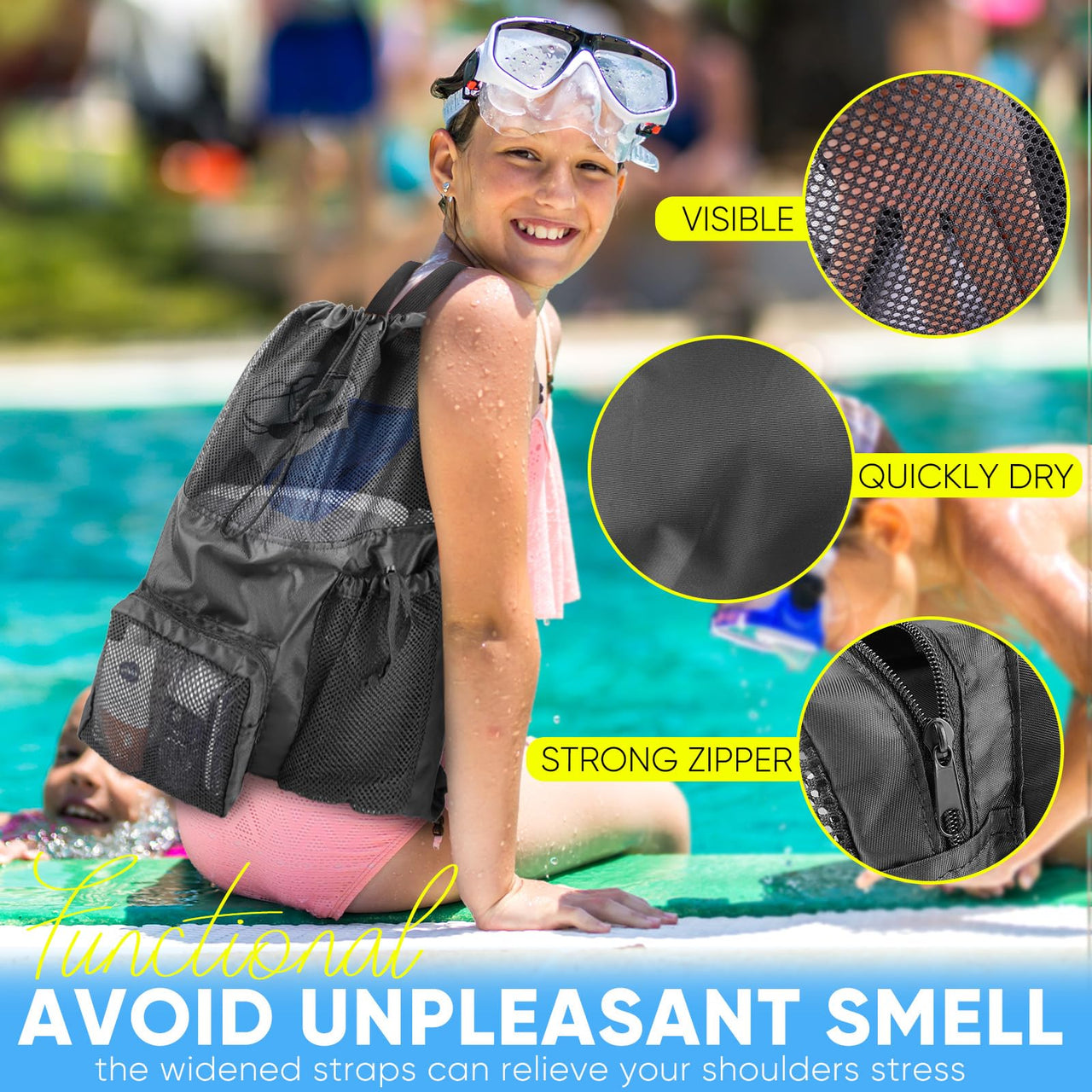 HOHOM Mesh Swim Bag Beach Drawstring Backpack, Waterproof Gym Bags for Women and Men, Large Pool Bag Swimming Gear for Swimmers