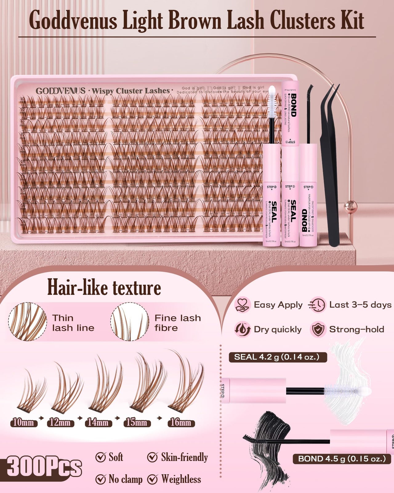 Brown Lash Clusters Kit Natural 300Pcs Wispy Lashes Cluster Eyelash Cluster Extensions Kit C Curve Individual Lashes Extensions Kit For DIY Waterproof & Long - Lasting (Light Brown10-16mm)