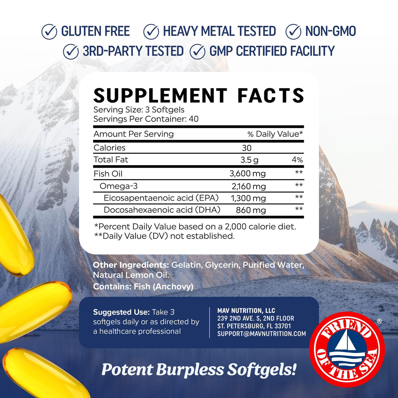 Triple Strength DHA Omega 3 Fish Oil 3600 mg | Over 2100mg Omega-3 Fatty Acids with 860mg of DHA | 1300mg EPA | Best Essential Fatty Acids | Premium Wild Caught & Burpless Fish Oil | 120 ct.