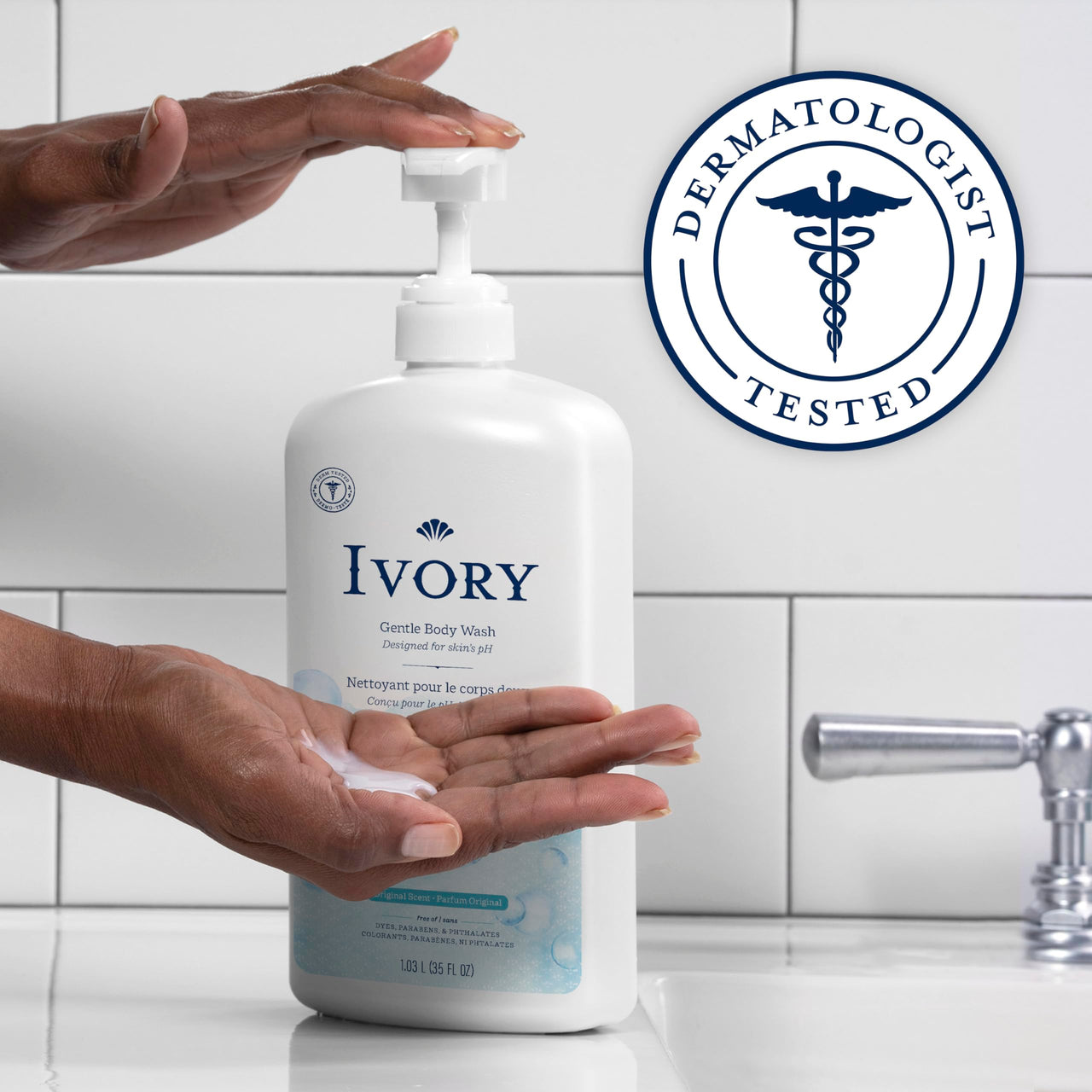 Ivory Body Wash, Designed for the Whole Family, Gentle Formula, Free of Dyes Heavy Perfumes Parabens Phthalates & Silicones, Original Scent, 35 oz