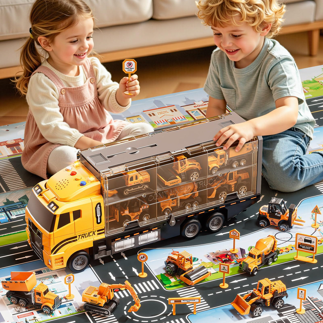 XINNOVEL Carrier Truck Toddlers Toys for 3 4 5 6 7 Years Old Boys, Toy Truck Transport Car & Die-Cast Car and Play Mat, Construction Toys Birthday Gifts for Kids 3 4 5 6 7 8+ Years Old Boys Girls