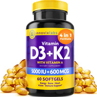 Thumbnail for InnovixLabs Vitamin D3 K2-5000 IU Vitamin D3 Plus 600 mcg Vitamin K2 MK4 and MK7 for Max Calcium Absorption, Supports Bone, Immune, Heart Health, 3rd Party Tested, Gluten Free, 60 Softgels