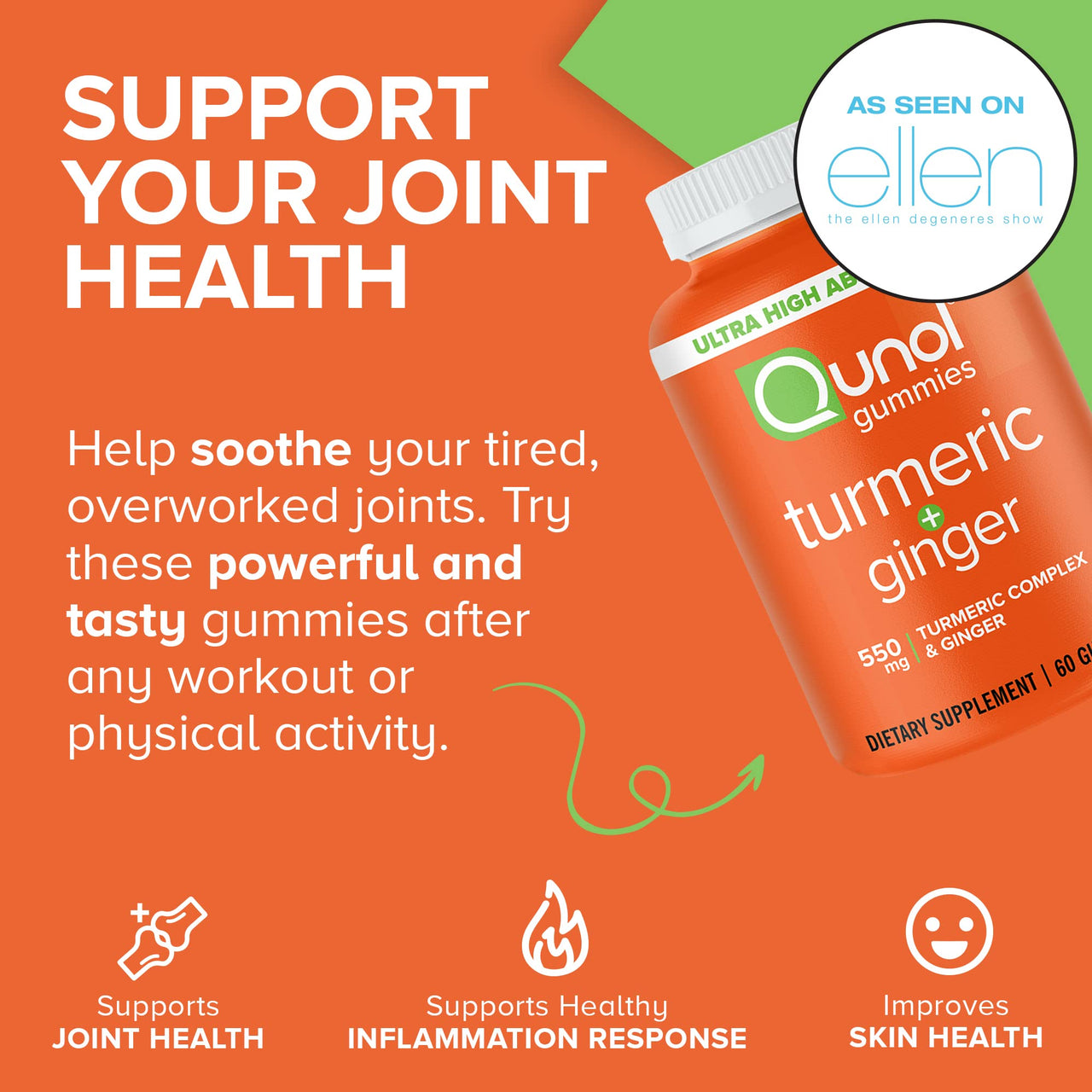 Qunol Turmeric and Ginger Gummies, Turmeric Curcumin Supplement + Ginger, Joint Support Gummy, Ultra High Absorption, Vegan, Gluten Free, 1 Month Supply, 60ct Gummies