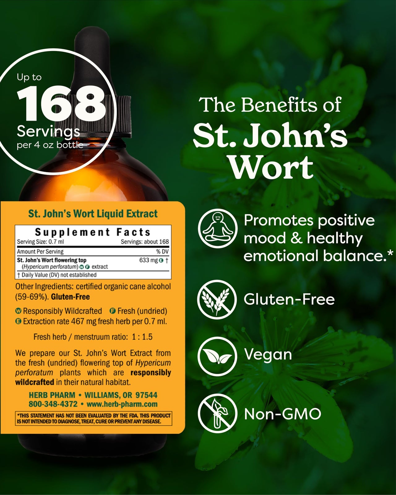 Herb Pharm St. John's Wort Liquid Extract for Positive Mood and Emotional Balance, Cane Alcohol, 4 Ounce