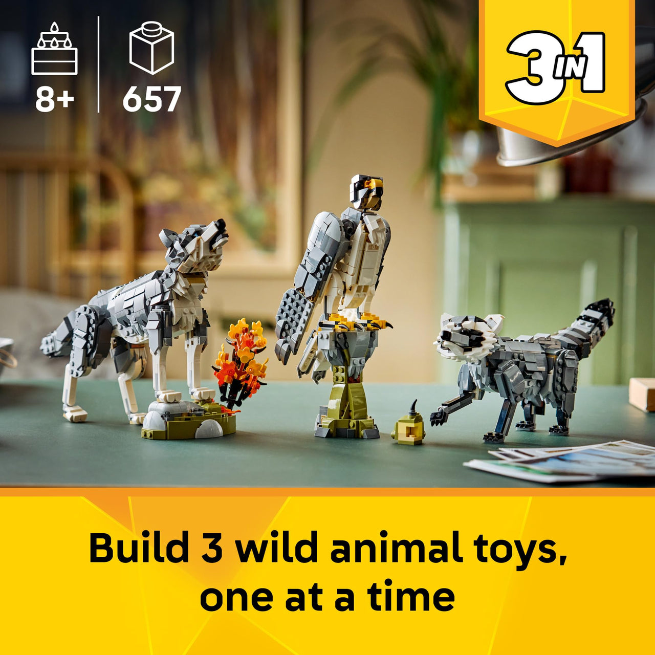 LEGO Creator 3 in 1 Forest Animals: Gray Wolf - Building Toy for Boys & Girls, Ages 8+ - Build a Wolf, Falcon or Raccoon - Gift for Kids' Birthdays - 31393