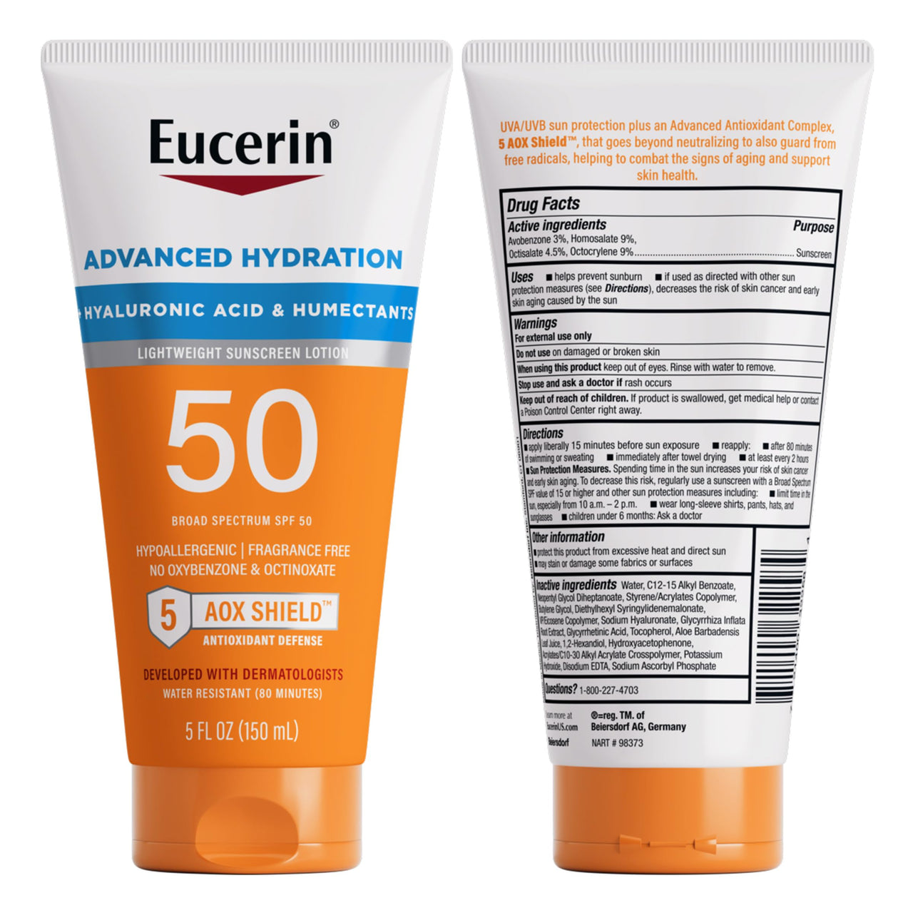 Eucerin Sun Advanced Hydration SPF 50 Sunscreen Lotion, Lightweight Sunscreen with Hyaluronic Acid and Humectants, Hypoallergenic, Fragrance Free, No Oxybenzone or Octinoxate, 5 Fl Oz Tube