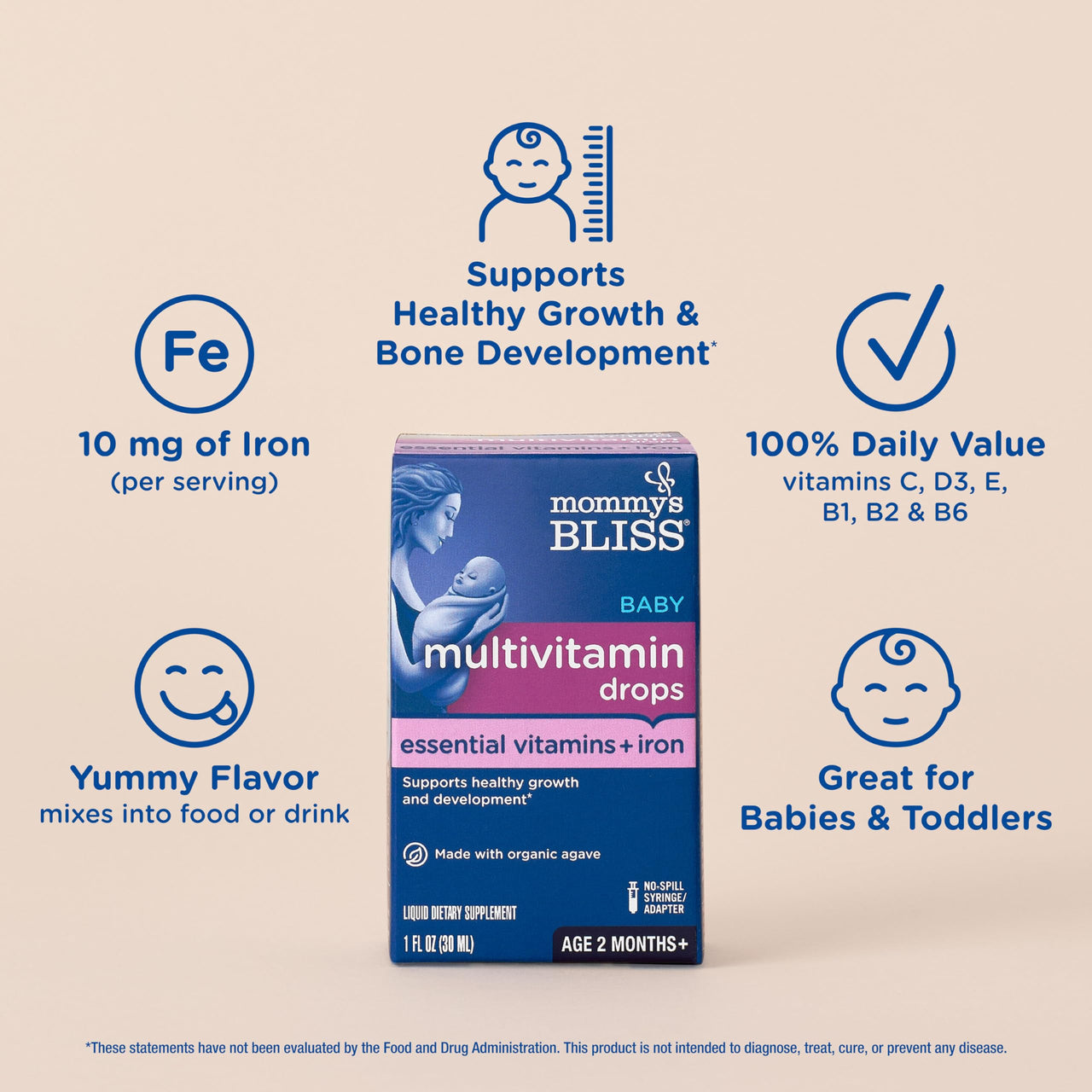 Mommy's Bliss Baby Multivitamin + Iron, Daily Essential Baby Vitamins for Immune Support, Healthy Growth & Bone Development, Age 2 Months+, 30 ml