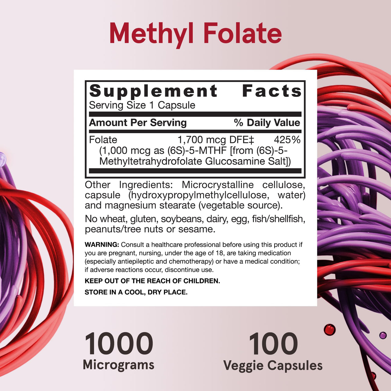 Jarrow Formulas Methyl Folate Veggie Caps - 1000 Mcg - 100 Count - Methyl Folate Supplement â€“ To Provide Folate - 5-MTHF Supplement - Non-GMO - Gluten Free