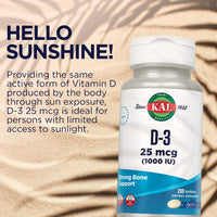 Thumbnail for KAL Vitamin D3 1000 IU Softgels (25 mcg), Active Form of Vitamin D, Calcium Absorption, Bone Health, Immune Support Supplement, Liquid Filled ActivGel, Made Without Soy, 200 Servings, 200 Softgels