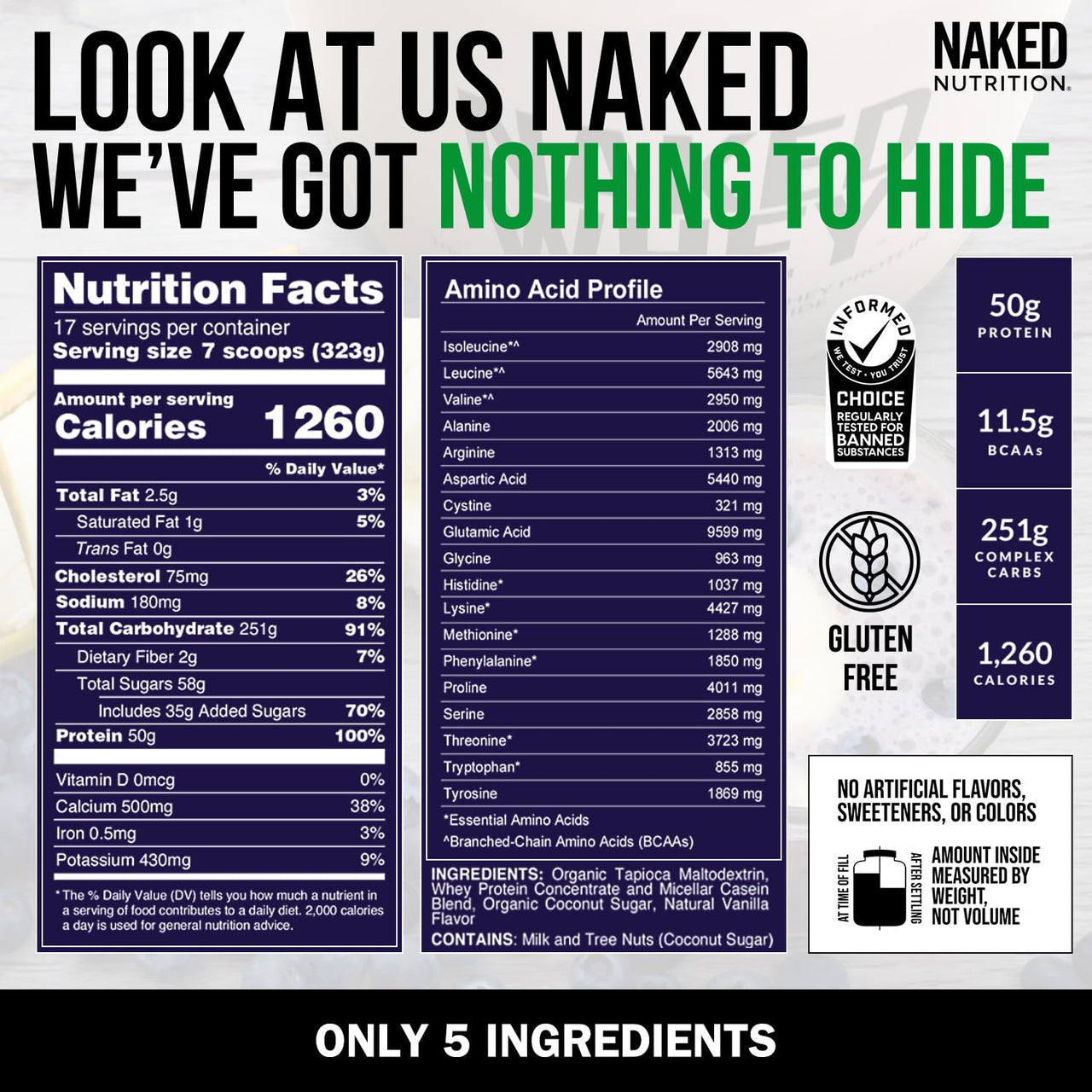 NAKED Vanilla Mass Gainer 12LB (17 Servings) Pure Micronized Creatine Monohydrate 500g (100 Servings) – Bulk; Non-GMO; Gluten Free; Soy Free; Unflavored