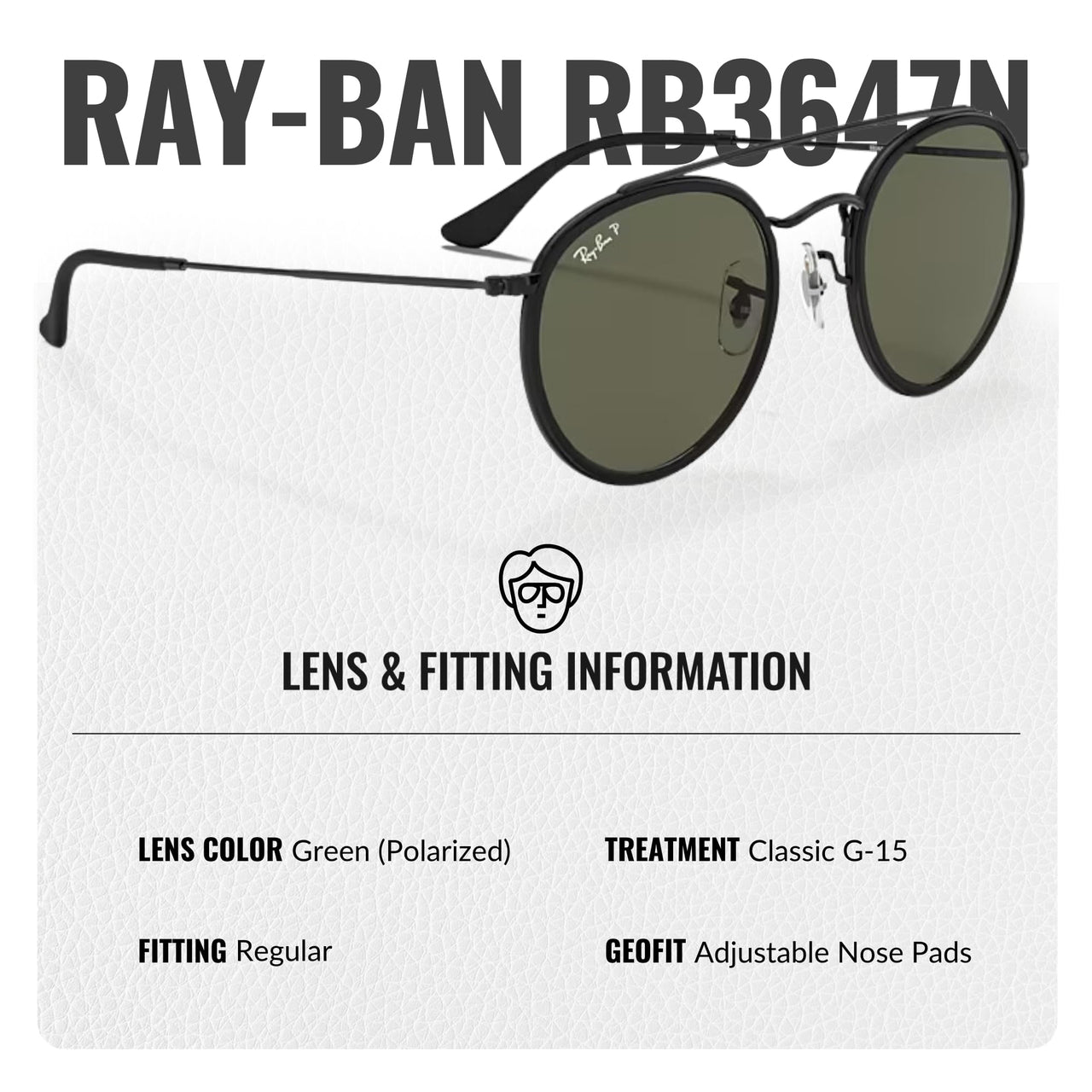 Ray-Ban RB3647N ROUND DOUBLE BRIDGE POLARIZED Round Shaped Sunglasses for Men & Women – Includes Official Rayban Eyewear Kit – Ideal Formal & Casual Wear Sunglasses – G-15 Green Lens