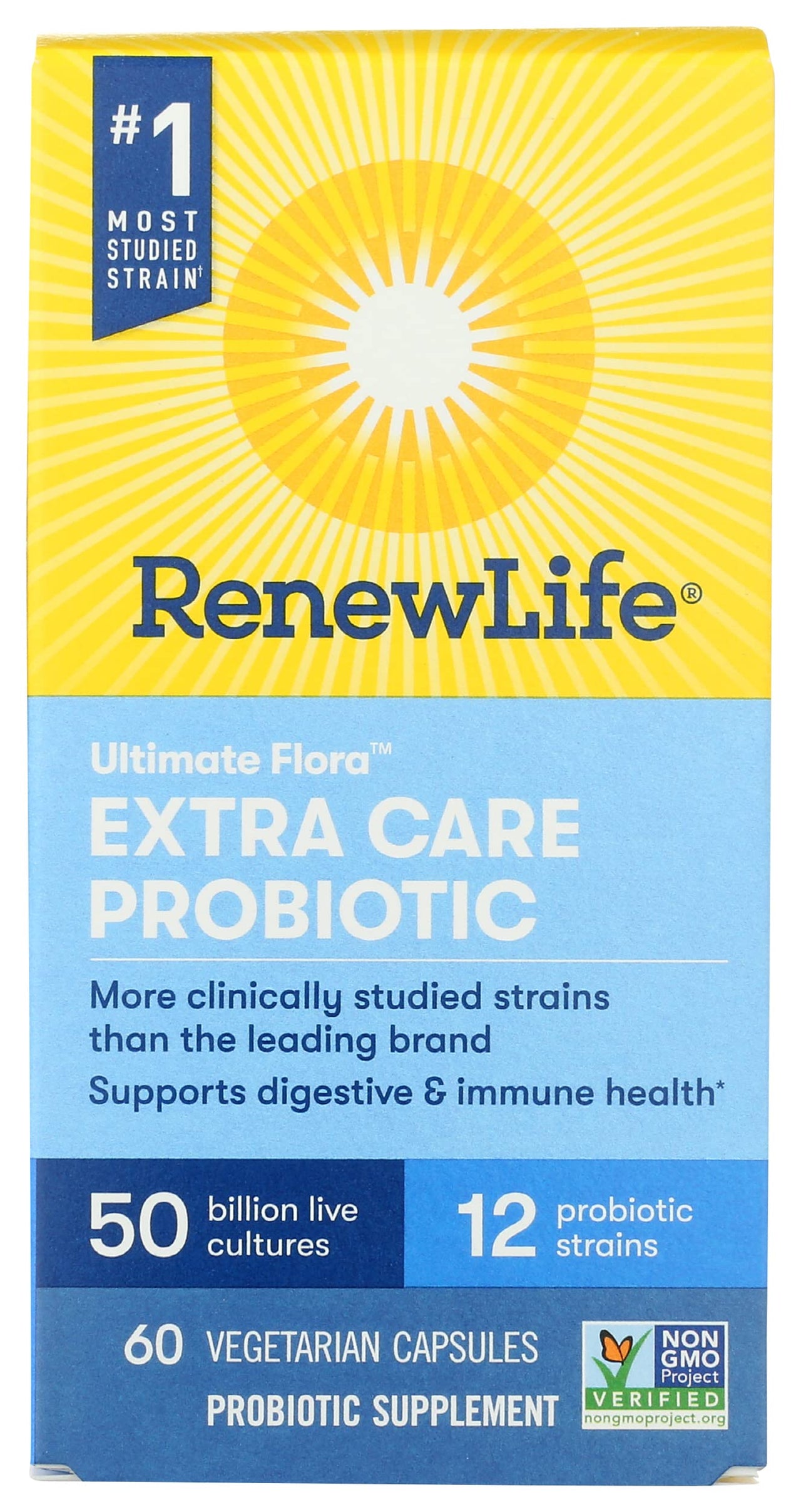 Renew Life Ultimate Flora Extra Care Probiotic Supplement, 50 Billion, Non-GMO, 60 Vegetarian Capsules