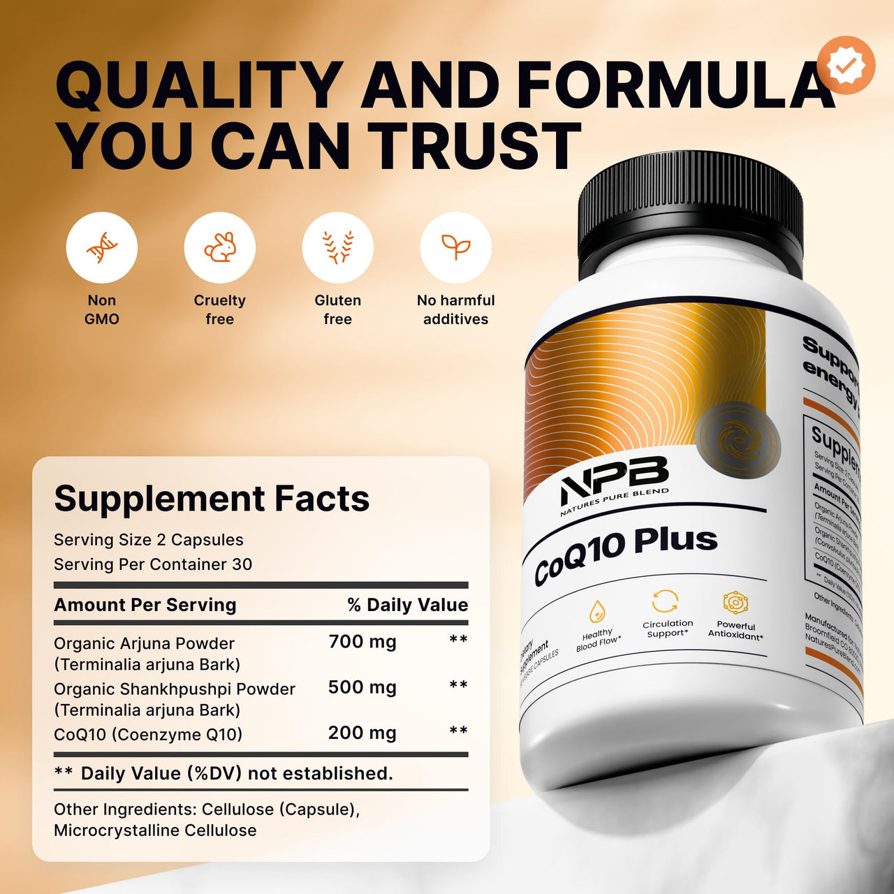Nature's Pure Blend CoQ10 Plus – Antioxidant Formula with Arjuna & Shankhpushpi – CoQ10 Ubiquinol for Circulation, Blood Flow & Energy – Coenzyme Q10 Supplement for Immune System – 60 Capsules