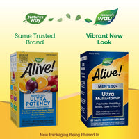 Thumbnail for Nature's Way Alive! Men’s 50+ Daily Ultra Multivitamin, High Potency Formula, Supports Healthy Brain, Eyes & Heart*, with Methylated B12, Gluten-Free, 60 Tablets (Packaging May Vary)