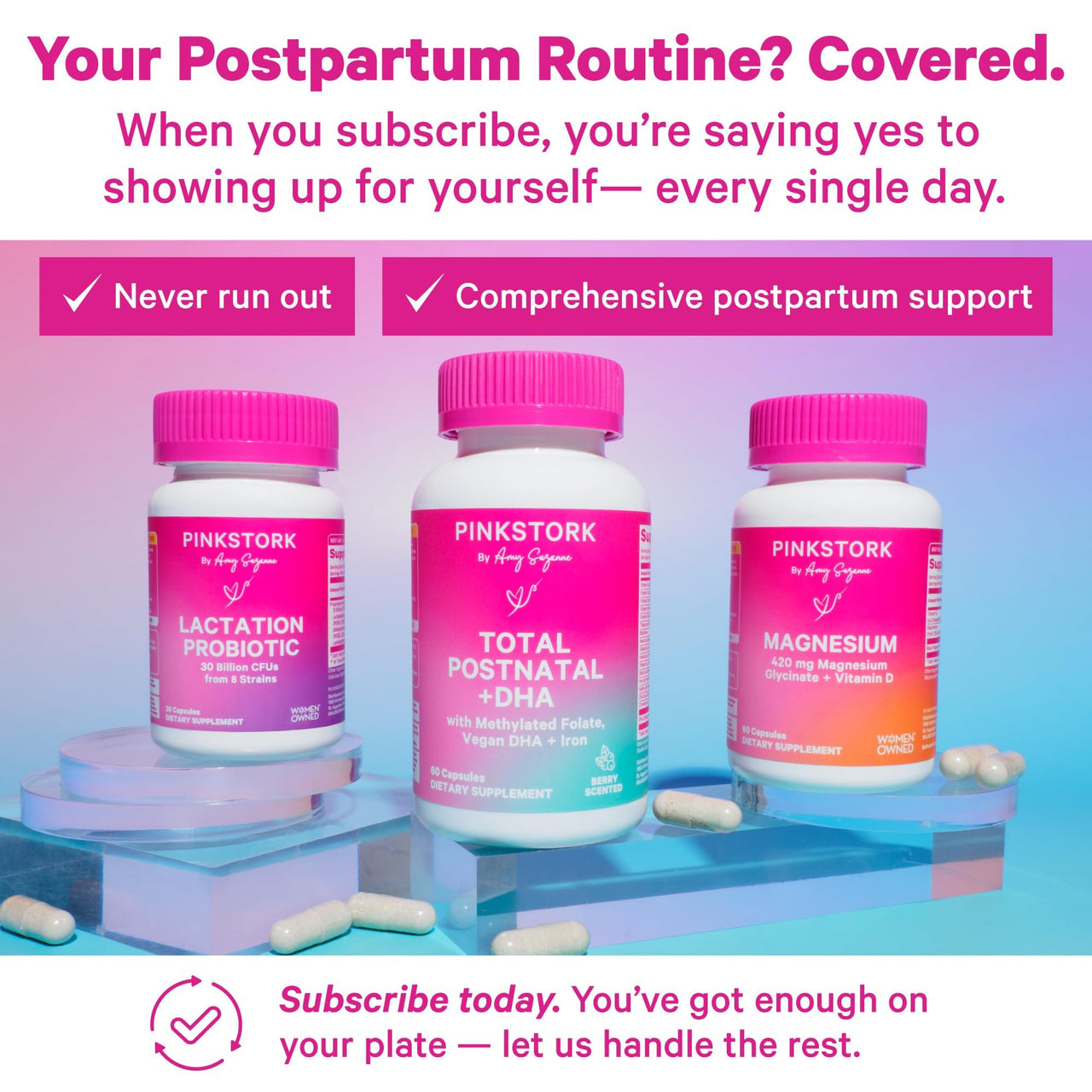 Pink Stork Total Postnatal Vitamins for Women | Vegan DHA, Iron, Folate, B12 | Postpartum Recovery Essentials | Lactation Support for Breastfeeding Moms | Third-Party Tested - 60 Capsules, Berry