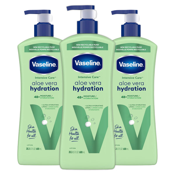 Vaseline Intensive Care Body Lotion for Dry Skin Soothing Hydration Lotion Made with Ultra-Hydrating Lipids + 1% Aloe Vera Extract to Refresh Dehydrated Skin 20.3 oz, Pack of 3 (packaging May Vary)