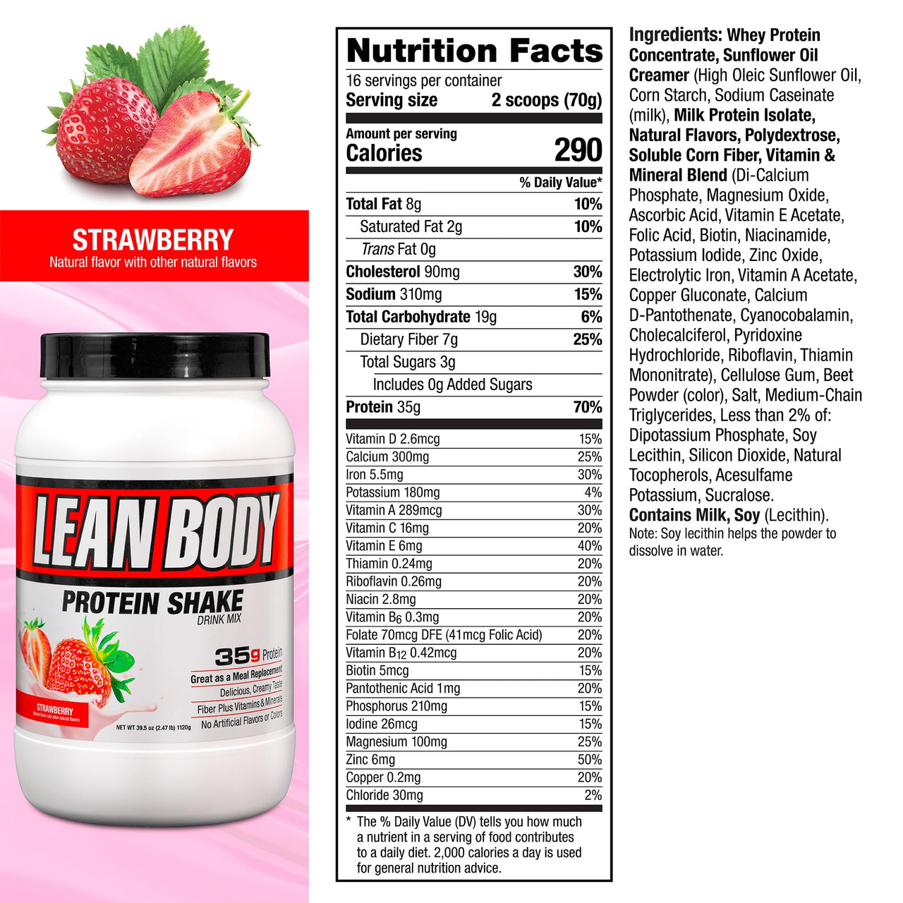 Labrada Nutrition Lean Body Hi-Protein Shake, Strawberry, 2.47-Pound Tub Strawberry Packaging May Vary