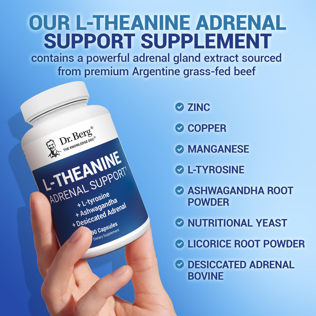 Dr. Berg 200 mg L-Theanine Adrenal Support - 90 Capsules with Ashwagandha & L-Tyrosine, Zinc & Manganese - Advanced 9-in-1 Adaptogen & Mineral Formula - No Fillers*