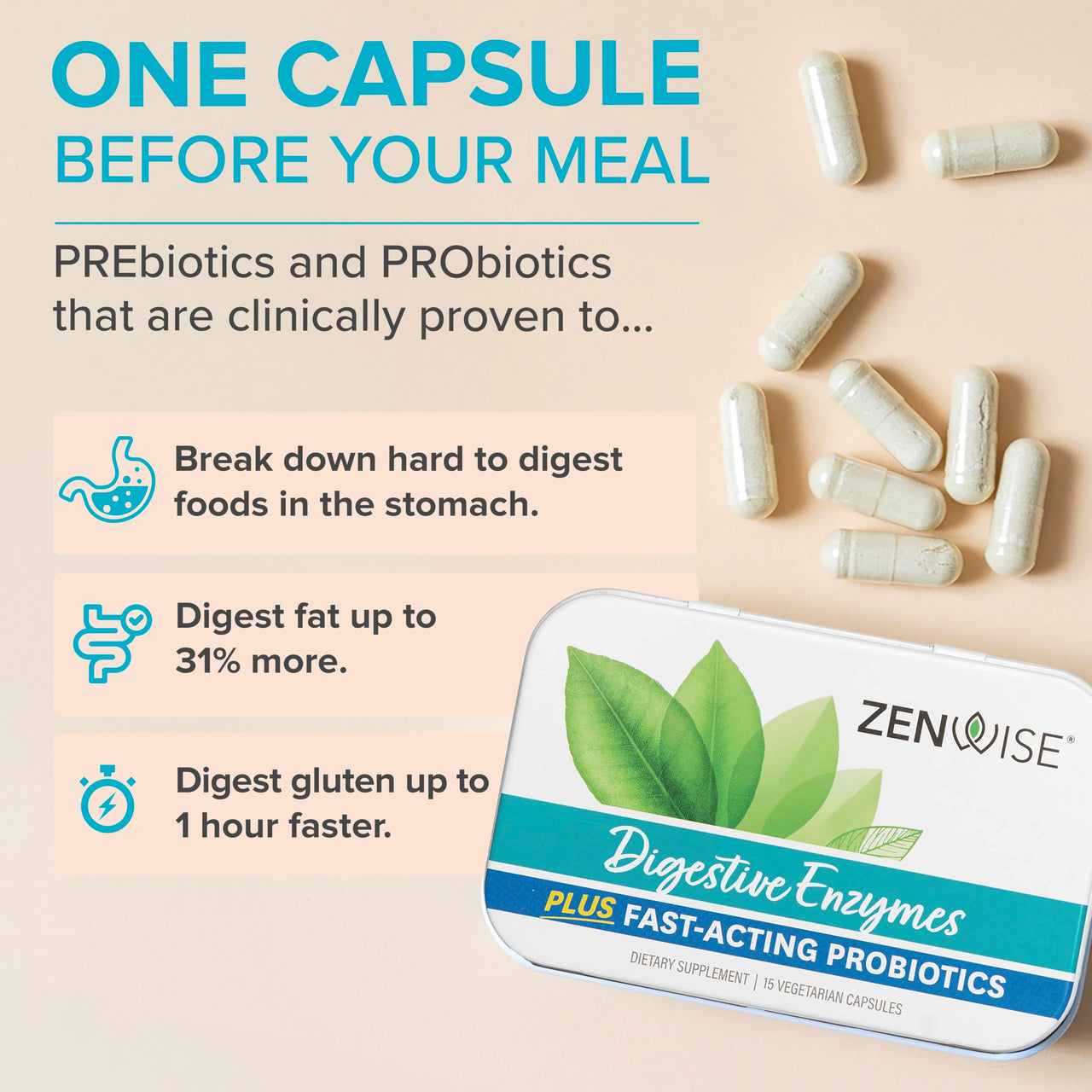 Zenwise Health Bliss Bundle Digestive Enzymes + No Bloat + Free Travel Tin - pre and Post Meal Digestive Routine with enzymes and probiotics for Digestion