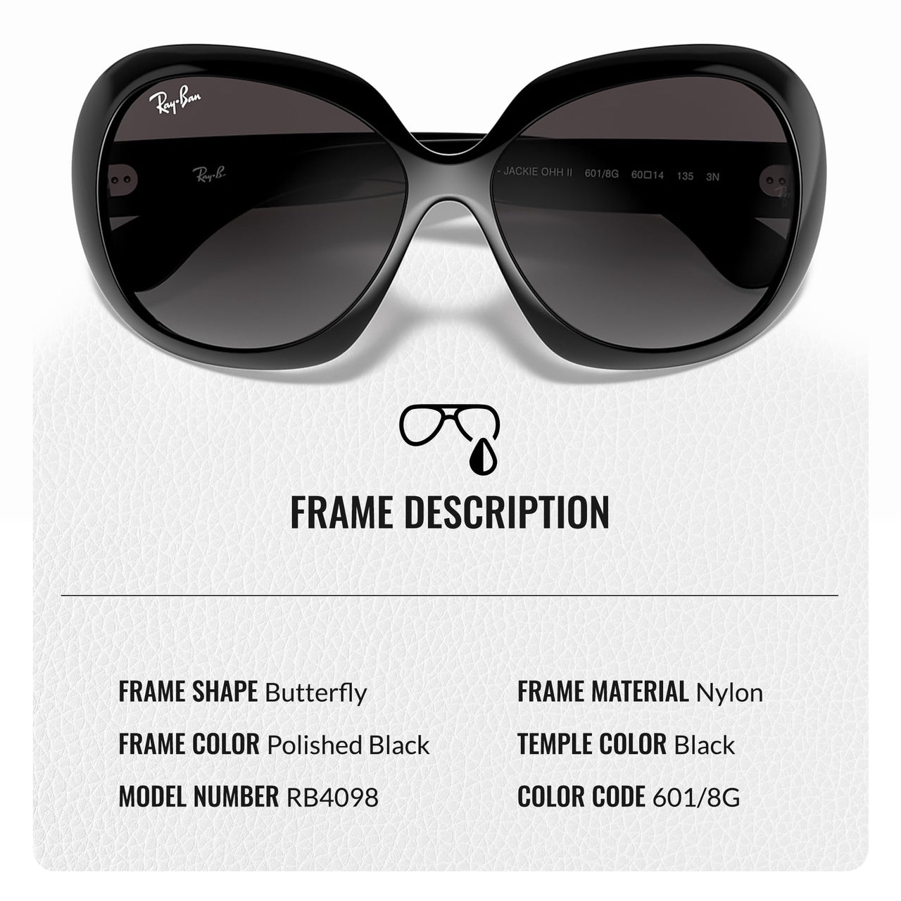 Ray-Ban RB4098 JACKIE OHH II Butterfly Shaped Non-Polarized Sunglasses for Women – Includes Official RAYBAN Eyewear Kit – Ideal Formal & Casual Wear Sunglasses – Grey Gradient Lens