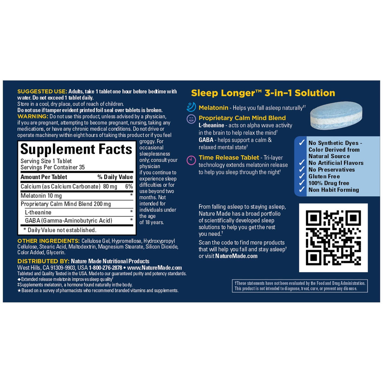 Nature Made Sleep Longer, Melatonin 10mg Time Release Tri-Layer Tablets, Helps Improve Sleep Quality, Fall Asleep Faster, Stay Asleep Longer, L-Theanine and GABA to Help Calm Your Mind, 35 Tablets