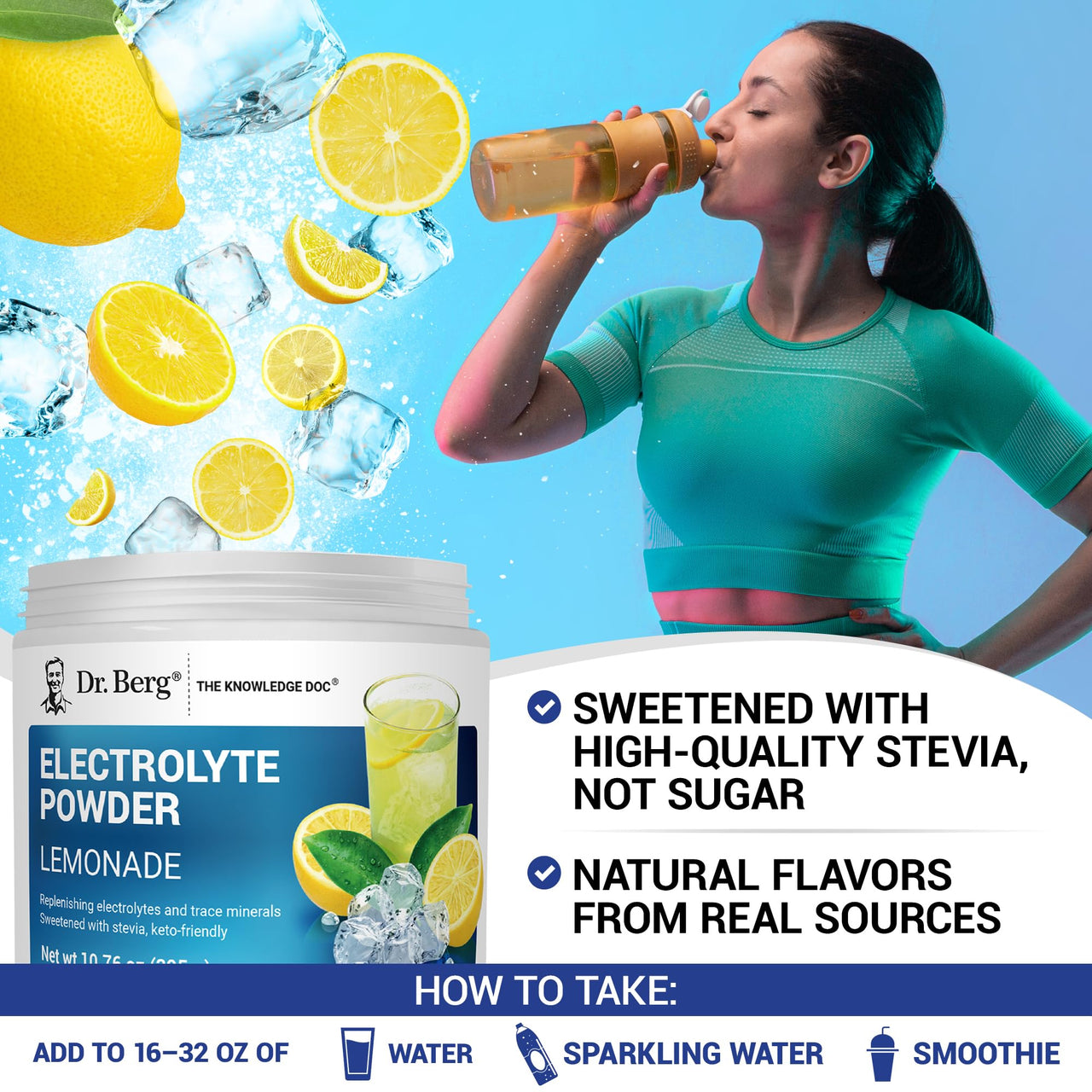 Dr. Berg Zero Sugar Hydration Keto Electrolyte Powder - Enhanced w/ 1000 mg of Potassium & Real Pink Himalayan Salt (NOT Table Salt) - Lemonade Flavor Hydration Drink Mix Supplement - 50 Servings