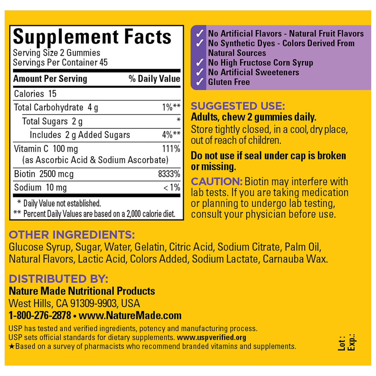 Nature Made Hair Skin and Nails with Biotin 2500 mcg, Dietary Supplement for Healthy Hair, Skin & Nails Support, 90 Gummies, 45 Day Supply