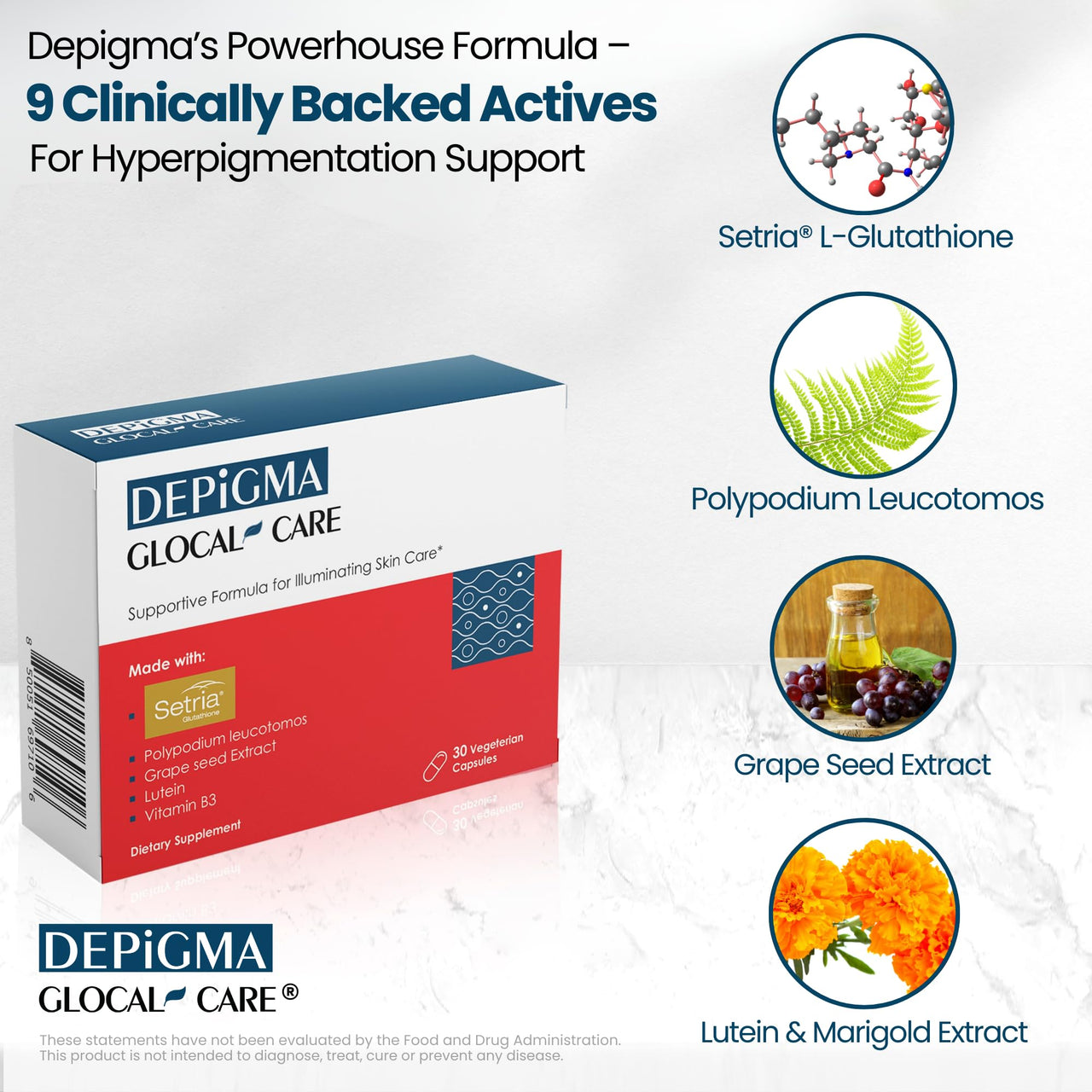 GlocalCare Depigma Support Reduction of Hyperpigmentation, Melasma & Dark Spots with Glutathione, Polypodium Leucotomos, Grape Seed & Marigold Extract