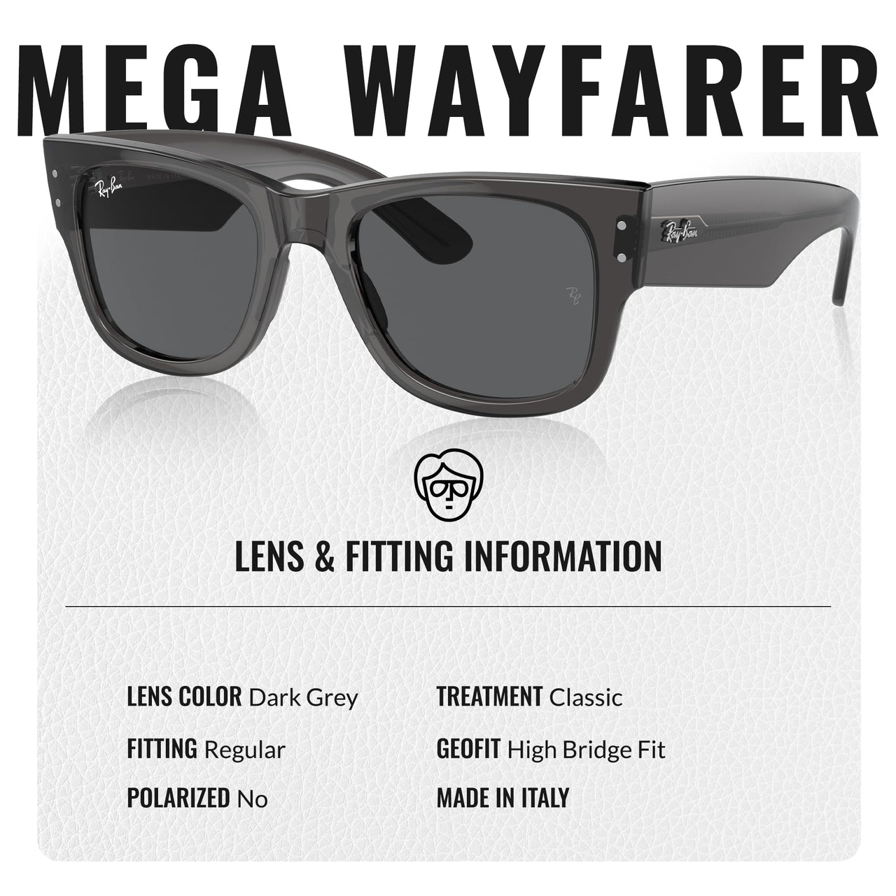 Ray-Ban RB0840S MEGA WAYFARER Square Shape Sunglasses With Eyewear Kit Bundle - High Bridge Fit - Ideal Formal and Casual Wear Square Sunglasses
