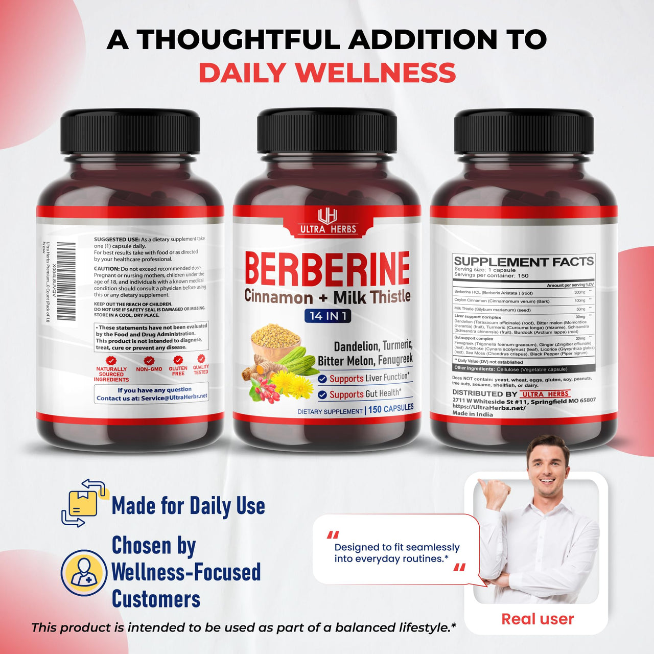 Ultra Herbs Premium Berberine with Cinnamon, Milk Thistle - Promotes Liver Function, Gut Health, Immunity (150 Count (Pack of 1))