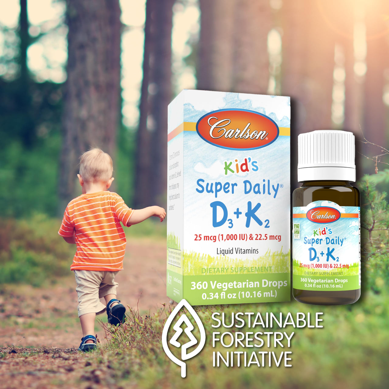 Carlson - Kid's Super Daily D3+K2, 25 mcg (1,000 IU) D3 & 22.5 mcg K2, Vitamin D Drops with Vitamin K2, Liquid Vitamins, 1000 IU Vitamin D3, Heart & Bone Health, 1-Year Supply, Unflavored, 360 Drops