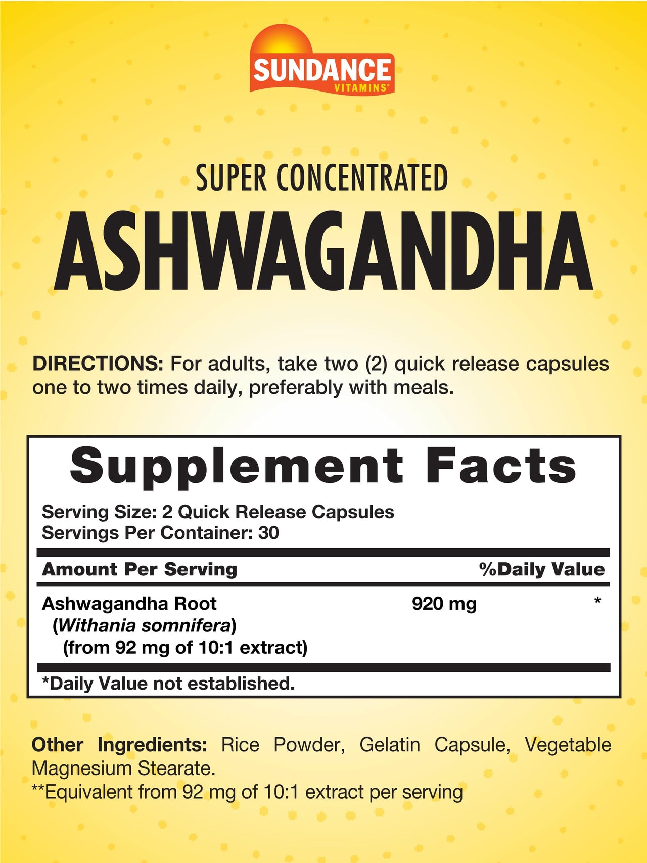 Sundance Ashwagandha | 60 Capsules | Super Concentrated | Traditional Ayurvedic Herb | Non-GMO, Gluten Free Supplement