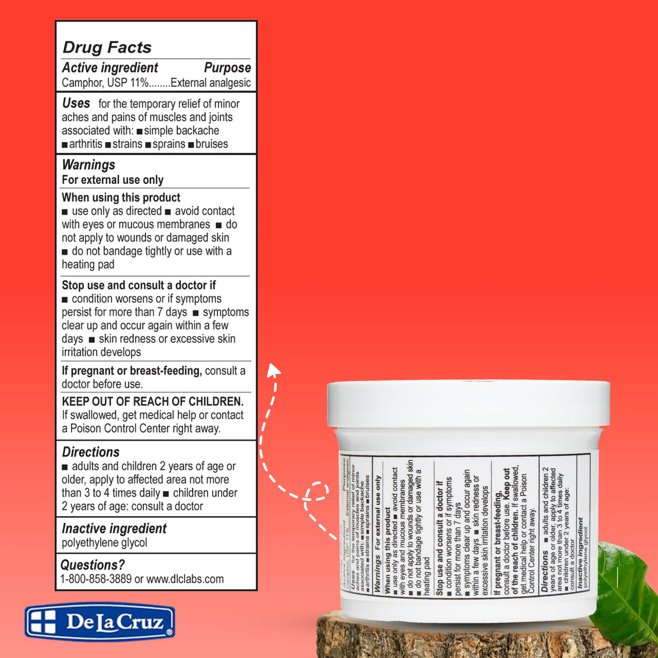 De La Cruz Maximum Strength Muscle & Joint Camphor Ointment 11% - Back Pain Relief Products, Arthritis Pain Reliever, Pain Relief Cream for Aches, Sprains & Bruises - 5.5 oz Jumbo Jar