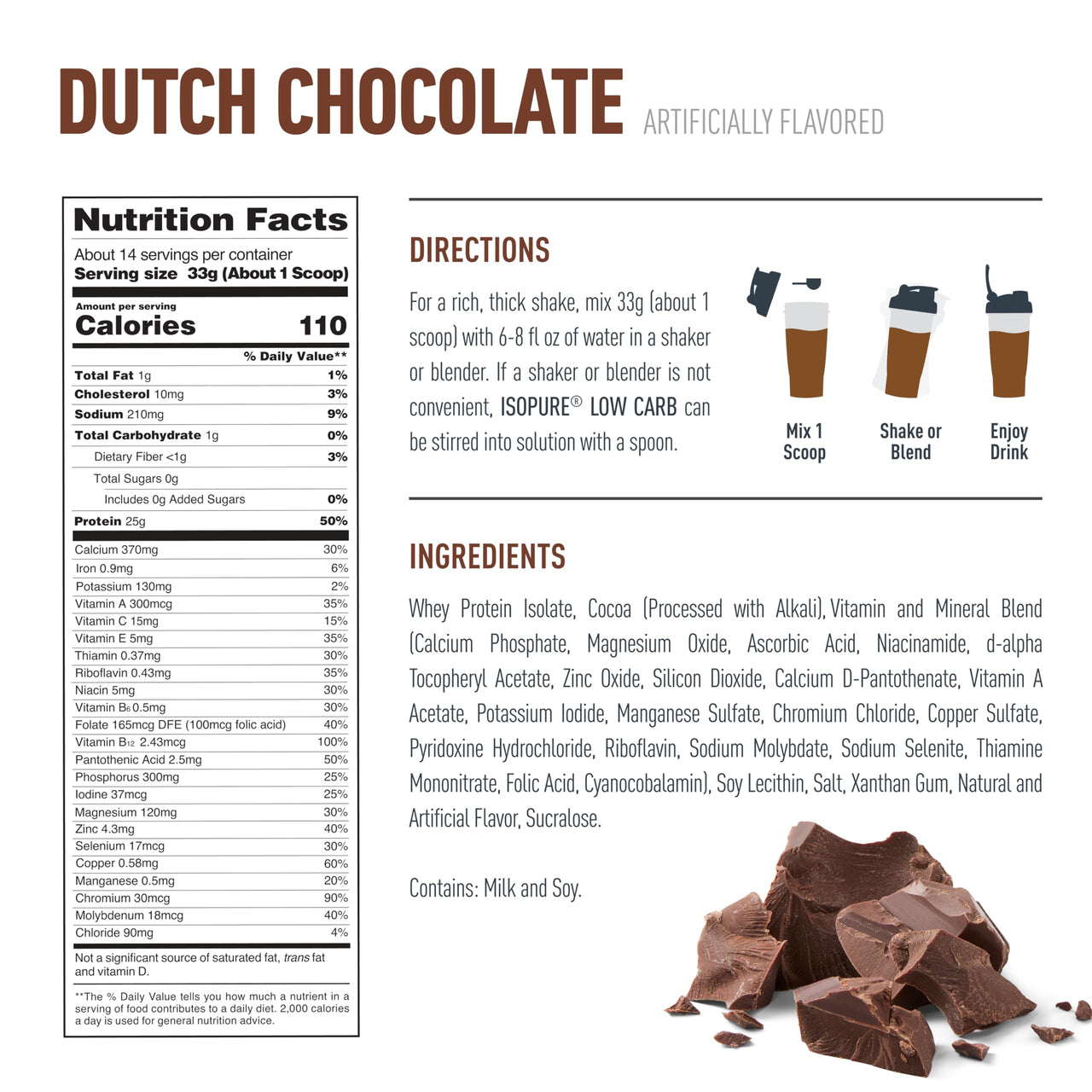 Isopure Low Carb 100% Pure Whey Isolate Protein Powder, Gluten Free, With Vitamins, Dutch Chocolate, 25g Protein Per Serving, 1 Lb, 14 Servings (Packaging May Vary)