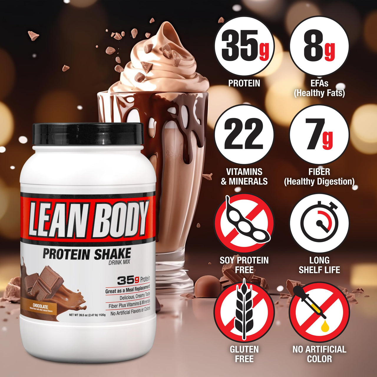 Lean Body All-in-One Chocolate Meal Replacement Shake. 35g Protein, Whey Blend, 7g Healthy Fats & Fibre, 22 Vitamins and Minerals, No Artificial Colours, Gluten Free LABRADA