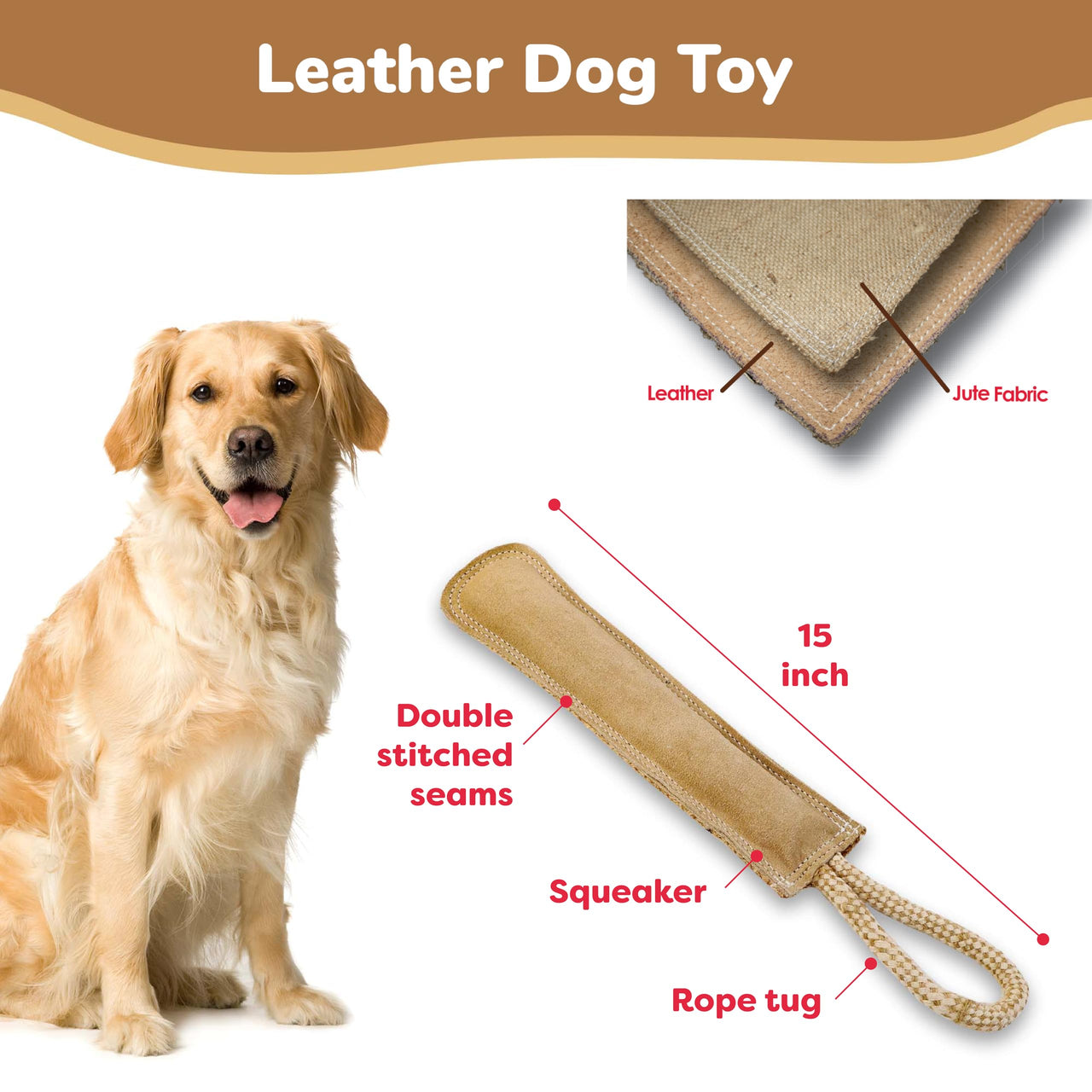 SPOT Dura-Fused Leather Retriever Dog Toy – Real Leather & Jute Fabric, Double-Stitched & Durable, Squeaky Interactive Tug Toy with Rope Handle for Moderate Chewers, Soft Stuffed Fetch Toy, 15in