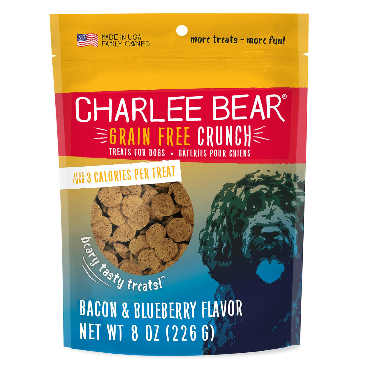 Charlee Bear Crunch Grain Free Dog Treats, Bacon and Blueberry, 8 Ounce Resealable Bag, Low Calorie Training Treats for Dogs, Limited Ingredient, Healthy, Crunchy Dog Snacks, Made in USA
