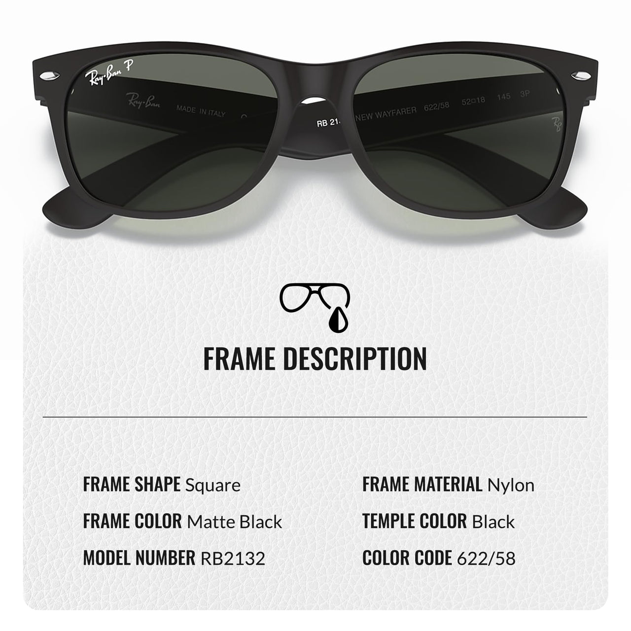 Ray-Ban RB2132 New Wayfarer Classic Polarized Square Shape Sunglasses for Men and Women- Timeless Classic Sun Glasses with Modern Elegance - Premium UV Protection - Designer Men's & Women's Sunglasses