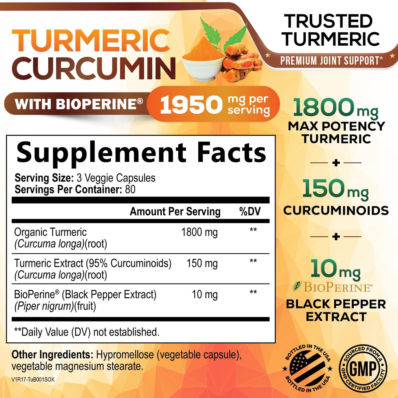 Turmeric Curcumin Supplement 95% Curcuminoids - 1800mg Organic Turmeric Per Serving - BioPerine Black Pepper Extract for Best Absorption, Natural Joint Support, Non-GMO, Bottled in USA - 240 Capsules