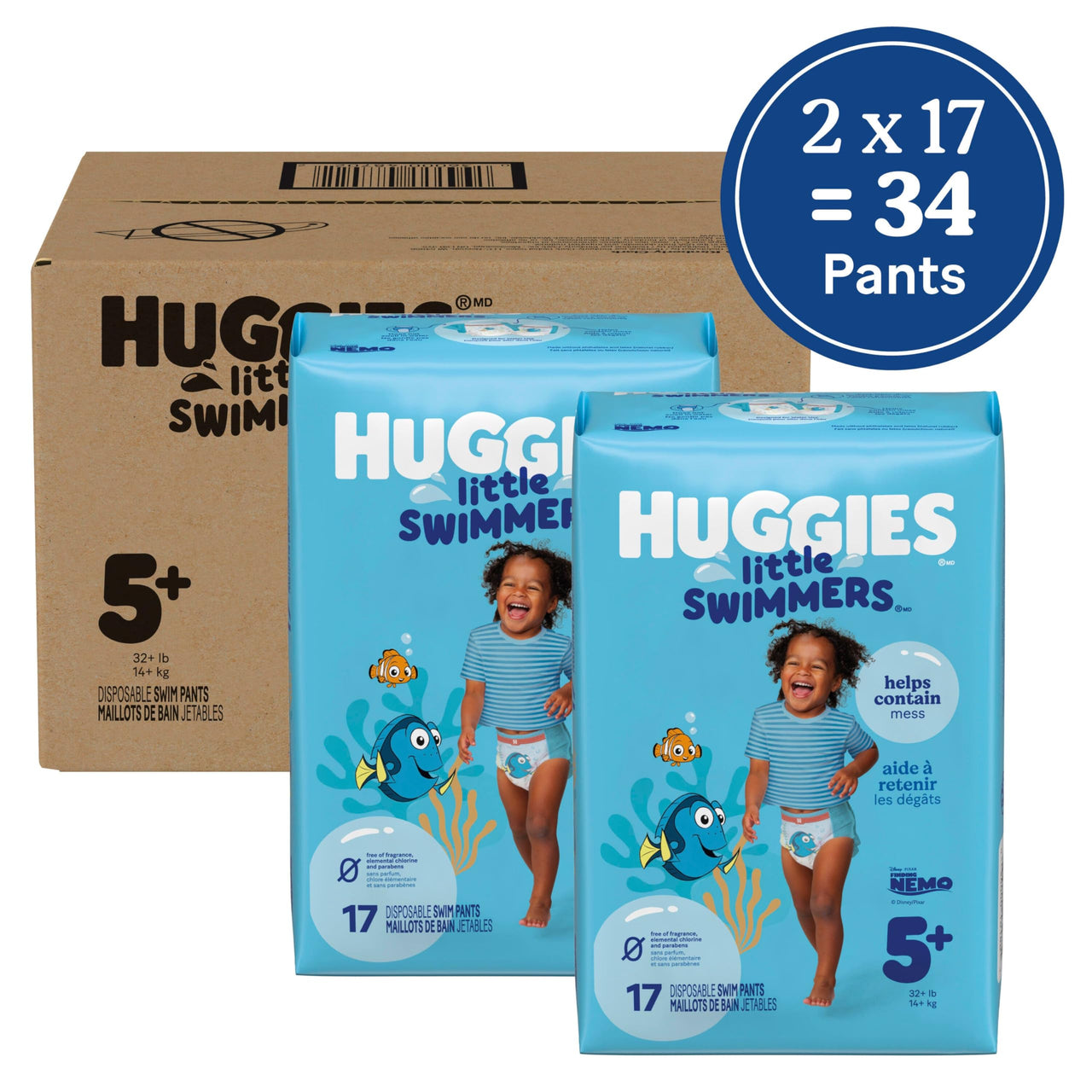 Huggies Little Swimmers Disposable Swim Diapers, Size 5-6 (32+ lbs), 34 Ct (2 Packs of 17), Packaging May Vary