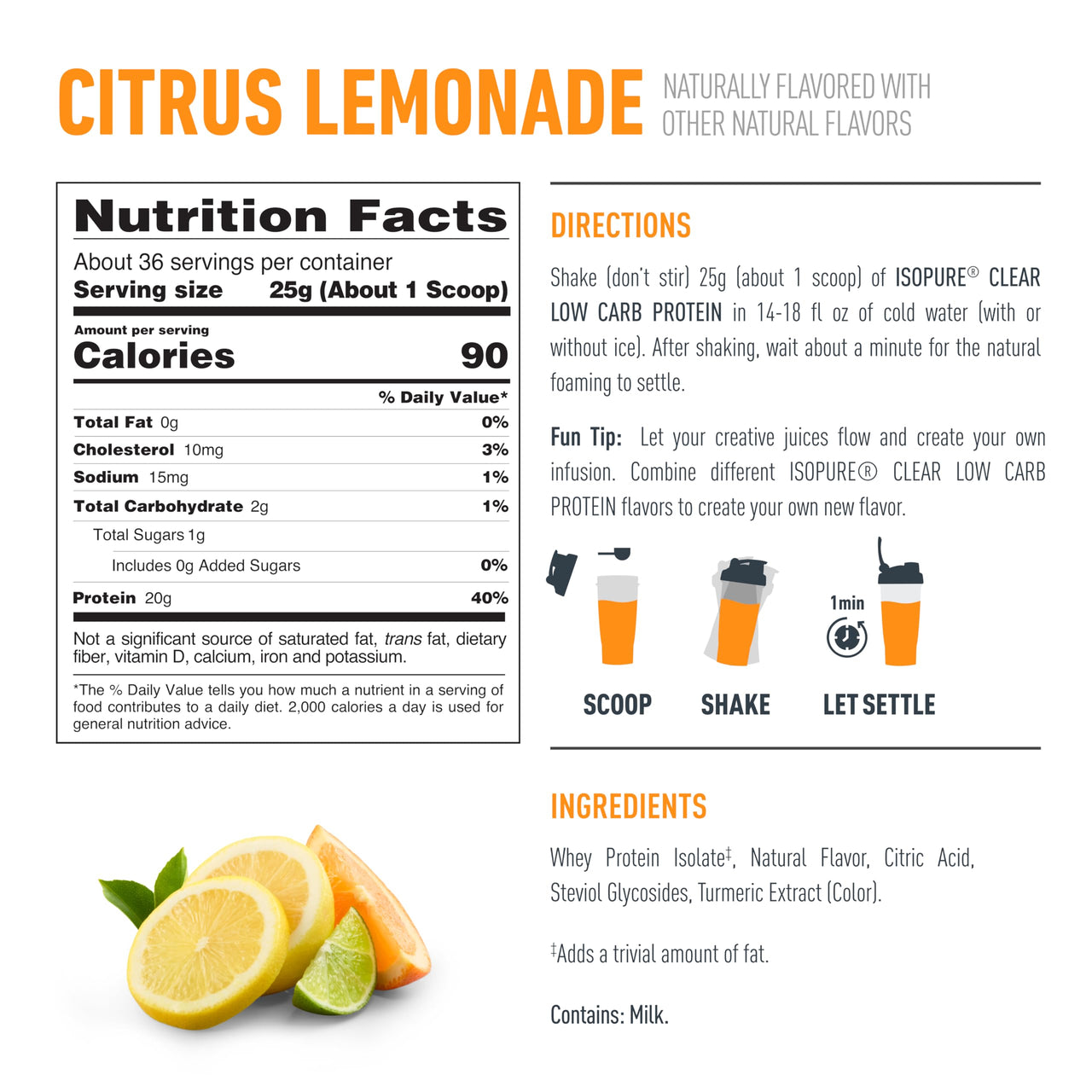 Isopure Clear Whey Isolate Protein Powder, Lactose Free, Gluten Free, Naturally Flavored, Citrus Lemonade, 20g Protein Per Serving, 1.9 Lb, 36 Servings (Packaging May Vary)