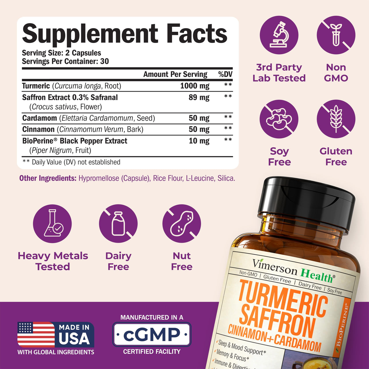Saffron Supplements – 89mg Saffron Extract and 1000mg Tumeric Blend – Turmeric Supplement with Ceylon Cinnamon and Cardamom for Mood, Memory & Eye Health – Joint Supplements for Women & Men – 60 Count