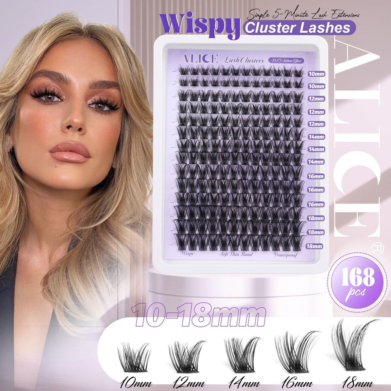 ALICE Lash Clusters Wispy Eyelash Clusters 10-18mm 168pcs Cluster Eyelash Extensions Natural Volume Lash Extensions DIY Individual Lashes Clusters with Soft Thin Band