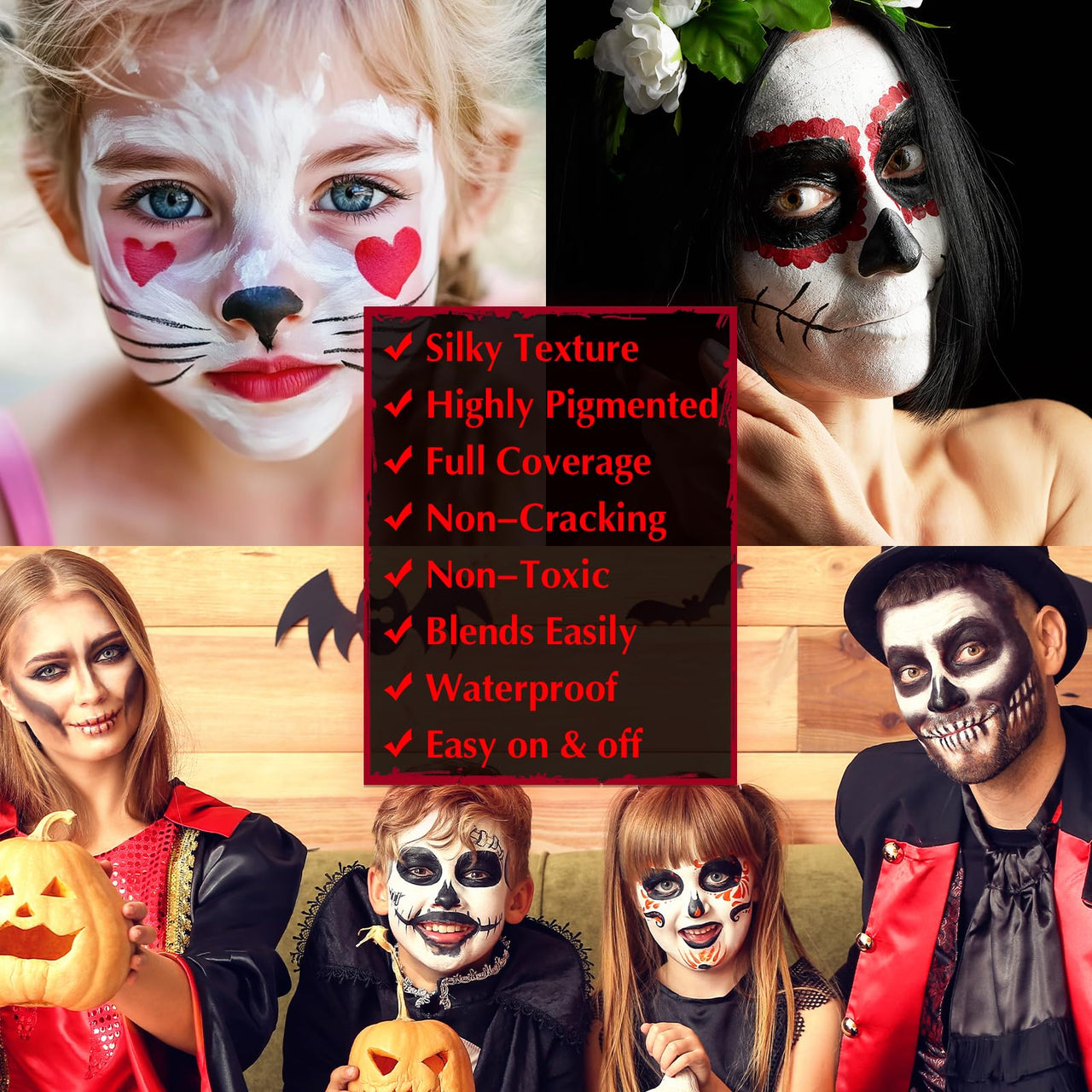 Black White Red Face & Body Paint - Blendable Facepaint Foundation with Sponge & Brush for Skin, Professional Halloween Face Make-up Kit for Zombie Clown Vampire Skeleton Skull Joker Costume