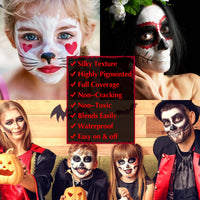 Thumbnail for Black White Red Face & Body Paint - Blendable Facepaint Foundation with Sponge & Brush for Skin, Professional Halloween Face Make-up Kit for Zombie Clown Vampire Skeleton Skull Joker Costume