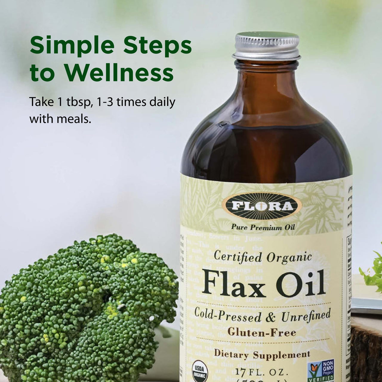Flora Certified Organic Flax Seed Oil, Non-GMO, Cold Pressed & Unrefined Flaxseed Oil - 8.5 fl. oz. Amber Glass Bottle
